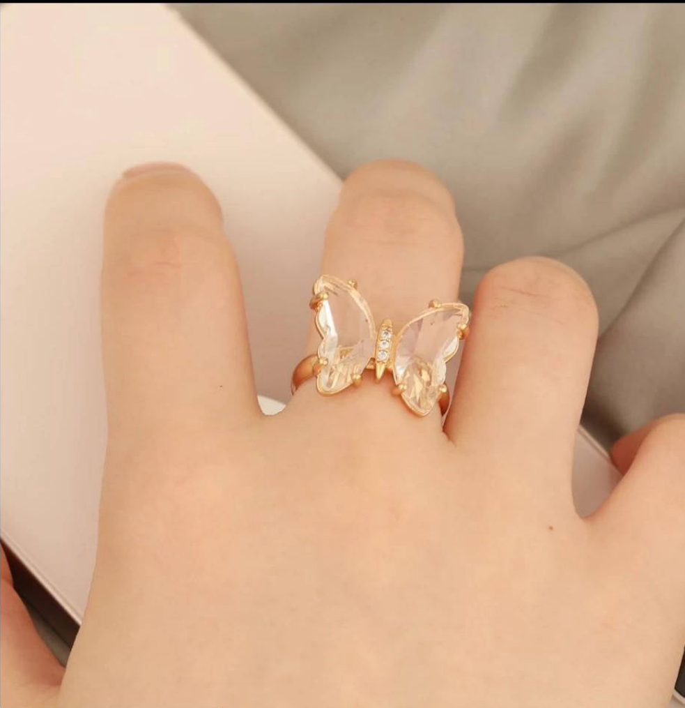 White butterfly crystal ring