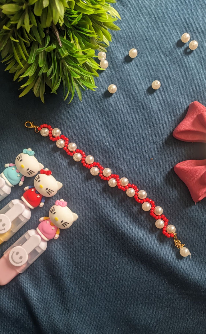 Handmade Red & Pearl Beaded Bracelet – Elegant & Cute 💖