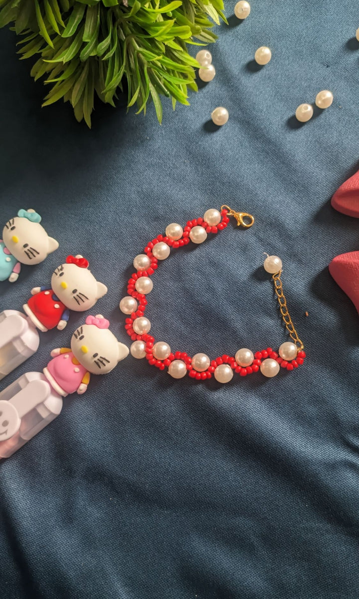 Handmade Red & Pearl Beaded Bracelet – Elegant & Cute 💖