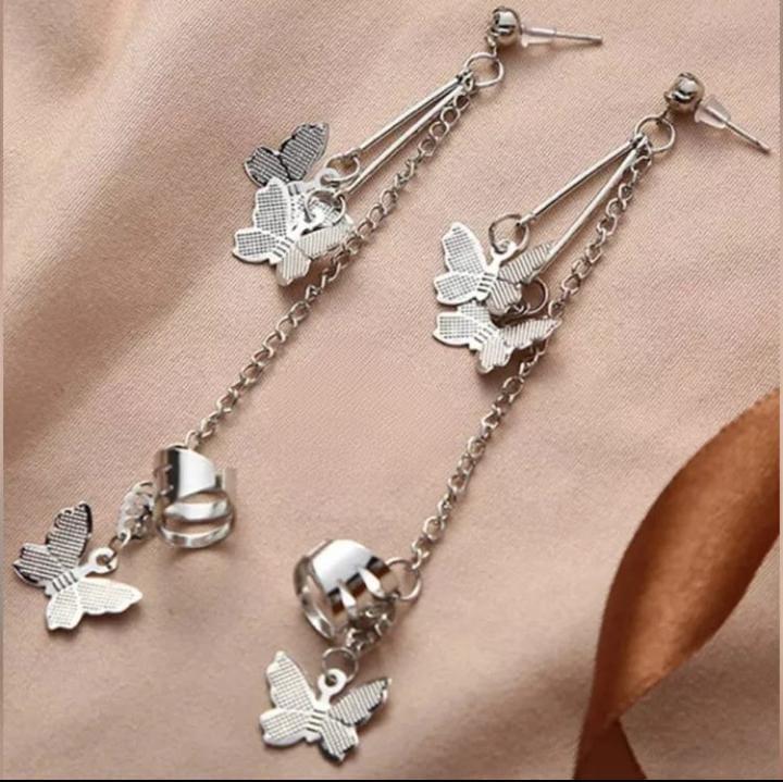 Butterfly hanging silver plated artificial stone ear cuffs