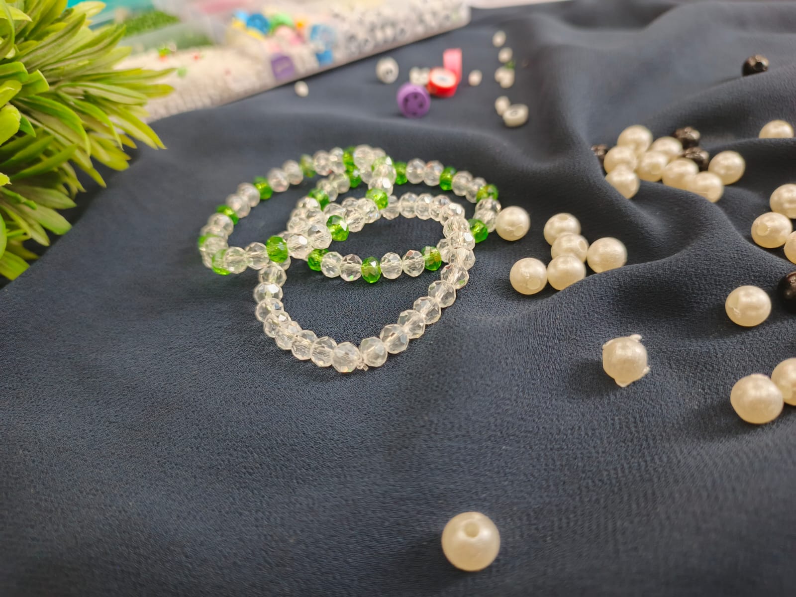 14 August Bracelet Set – Handmade Crystal Beads Bracelets in Green & White