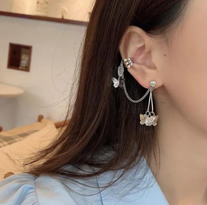 Butterfly hanging silver plated artificial stone ear cuffs